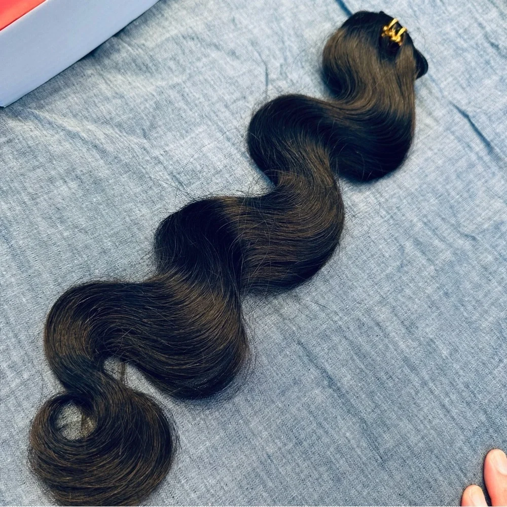 20” Natural Black Body Wave Human Hair PU Clip In Extensions 115g #RA4